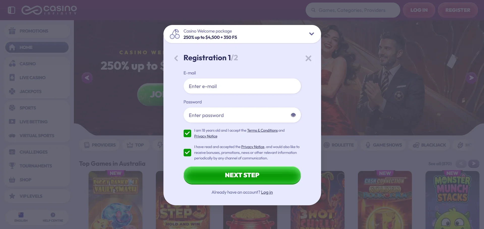 Infinity Casino sign up